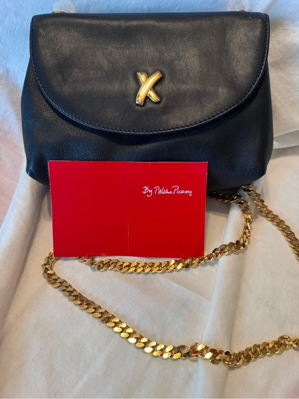 Paloma Picasso Black Leather Crossbody with Gold Chain
